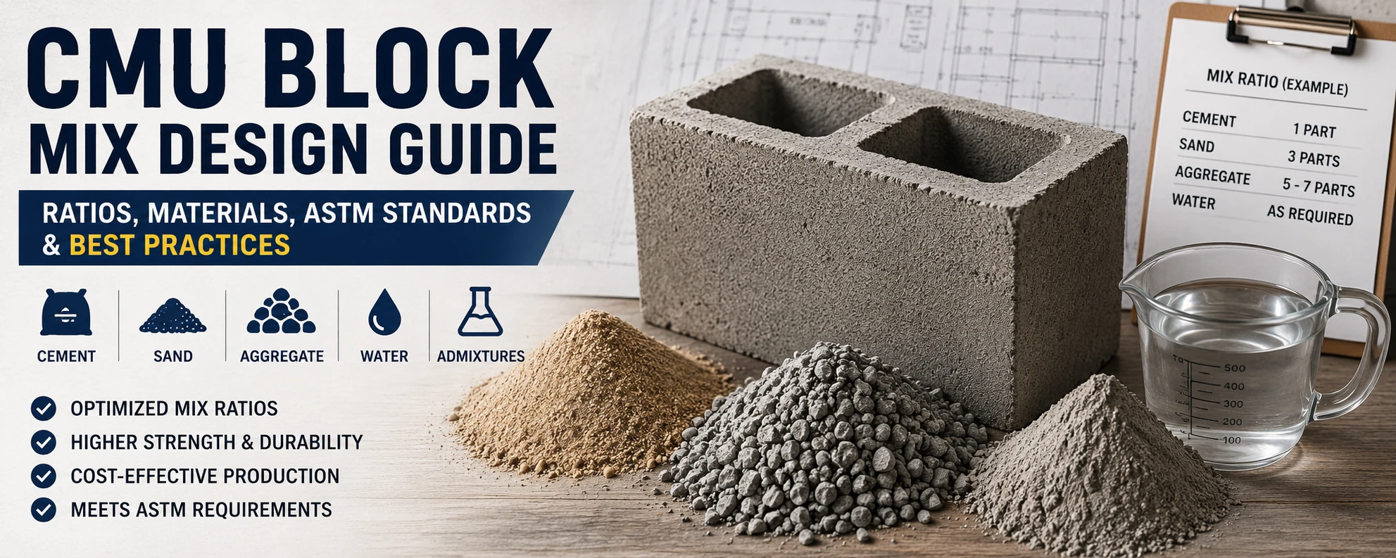 CMU Block Mix Design Guide: Ratios, Materials, ASTM Standards & Best Practices