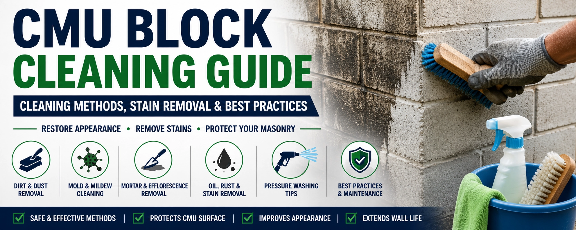 CMU Block Cleaning Guide: Methods, Stains, Pressure Washing & Best Practices