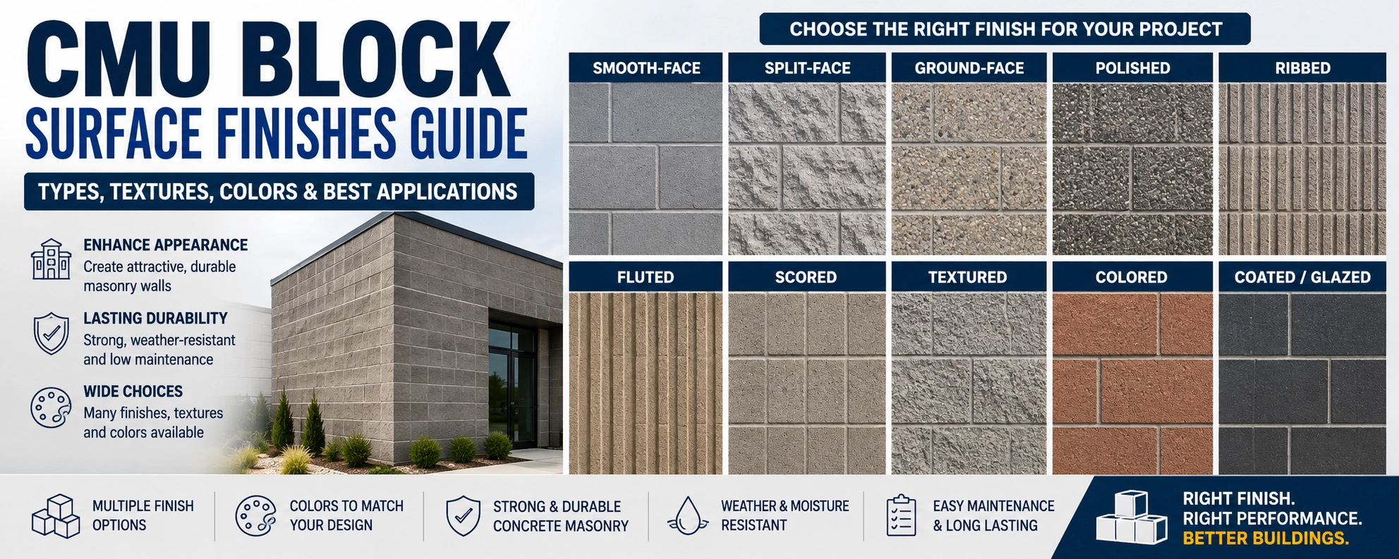 CMU Block Surface Finishes Guide: Types, Textures, Colors & Best Applications