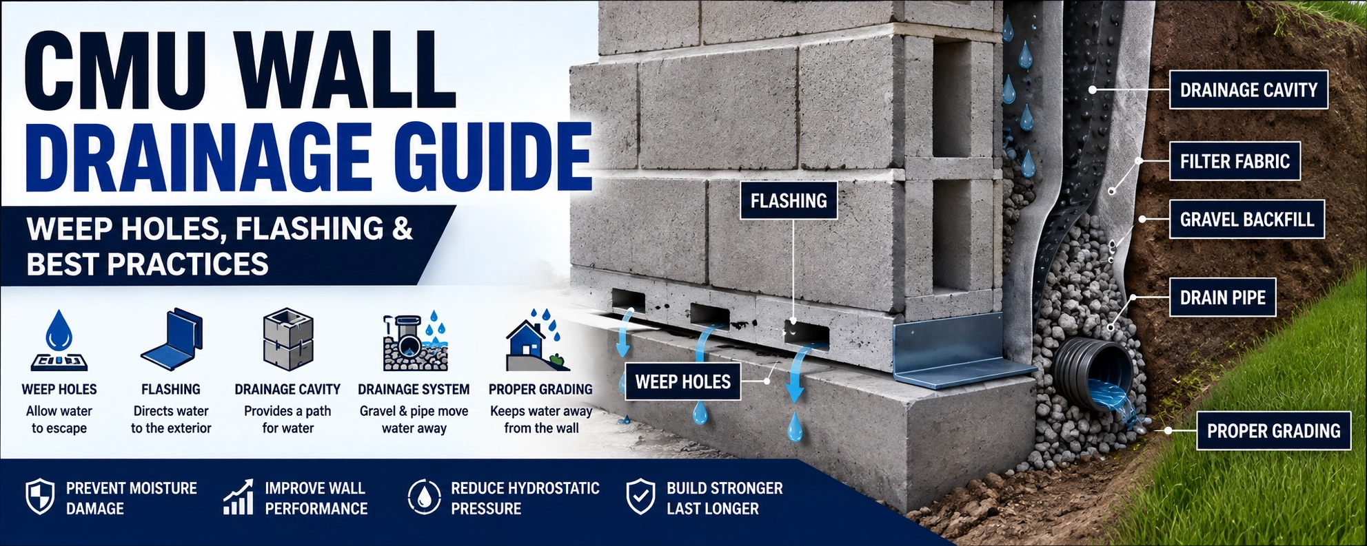 CMU Wall Drainage Guide: Weep Holes, Flashing, Drainage Systems & Best Practices
